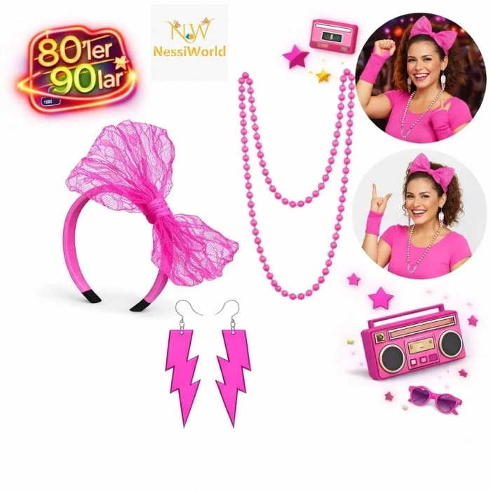 Üreticiniz 80’ler 90’lar Neon Pembe Parti Seti – Kolye Küpe Taç