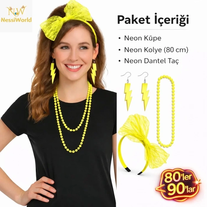 Üreticiniz 80’ler 90’lar Neon Sarı Parti Seti – Kolye Küpe Taç