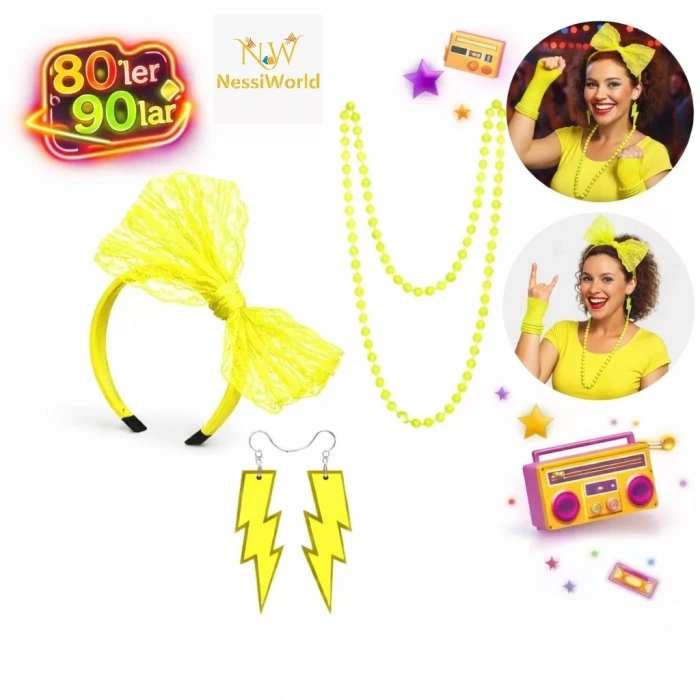 Üreticiniz 80’ler 90’lar Neon Sarı Parti Seti – Kolye Küpe Taç