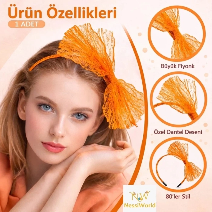 Üreticiniz 80’ler 90’lar Neon Turuncu Dantel Taç Fiyonklu