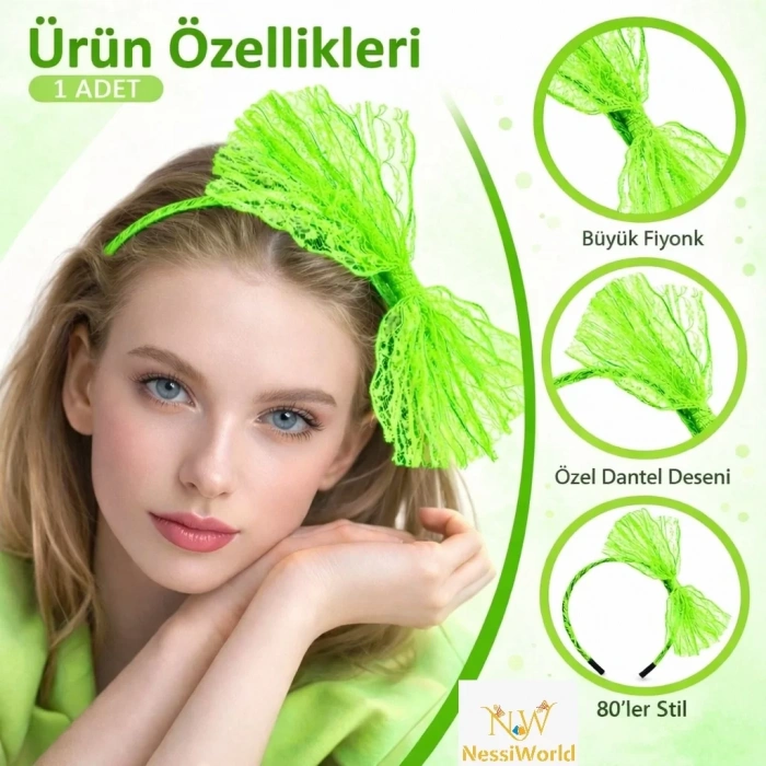 Üreticiniz 80’ler 90’lar Neon Yeşil Dantel Taç Fiyonklu