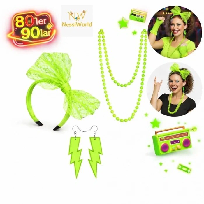 Üreticiniz 80’ler 90’lar Neon Yeşil Parti Seti – Kolye Küpe Taç