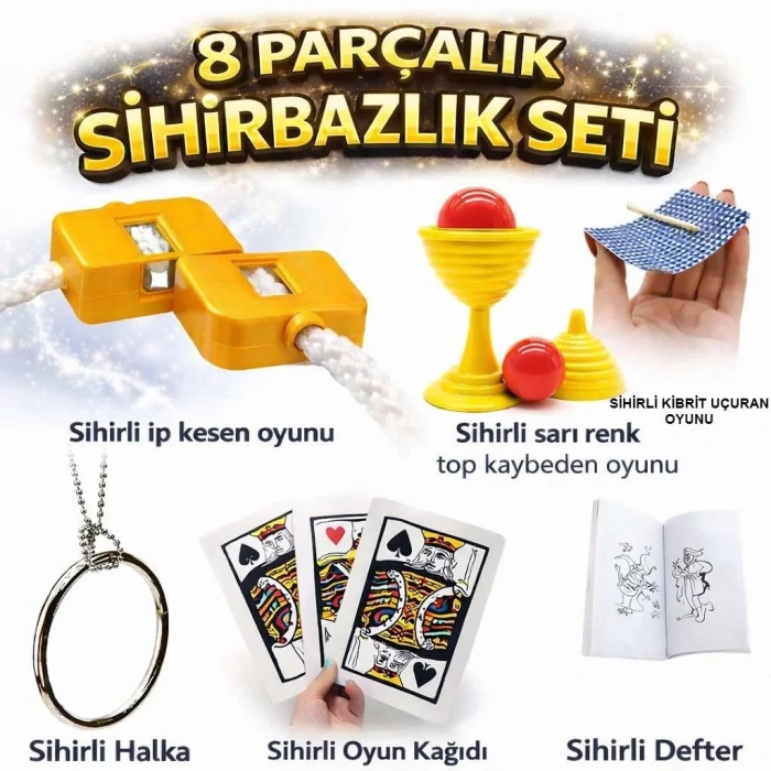 Üreticiniz 8’li Sihirbazlık Seti (kibrit, Defter, Halka, Kupa, İp, 3’lü Kart)