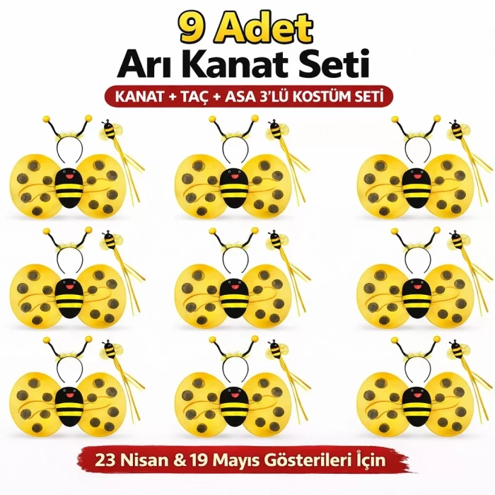 Üreticiniz 9’lu Arı Kostüm Seti – Kanat Taç Asa