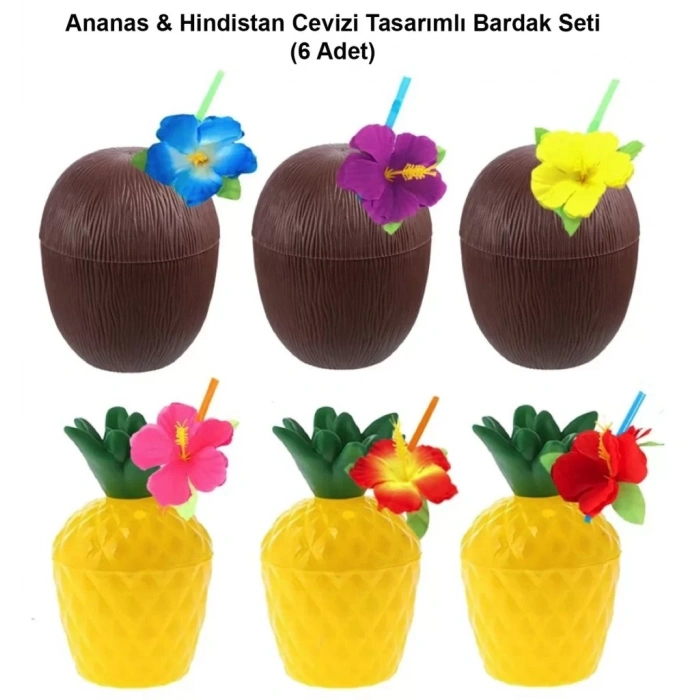 Üreticiniz Ananas&hindistan Cevizi Tasarımlı Pipetli Bardak Seti (6 Adet)
