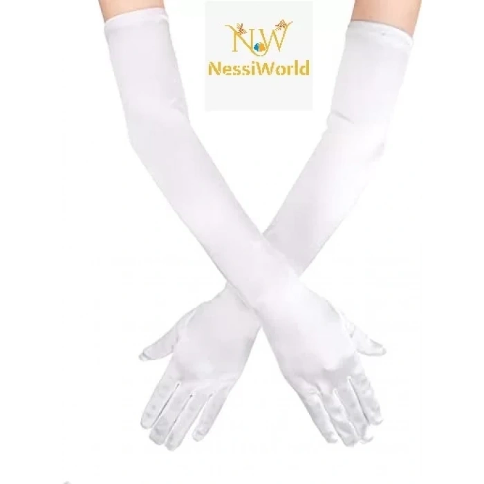 Üreticiniz Beyaz Renk Dirseğe Kadar Uzun Kumaş Eldiven 40 Cm