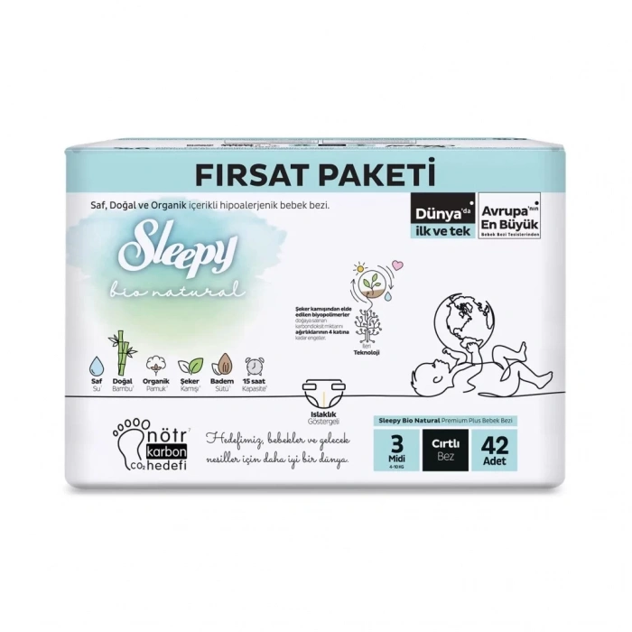 Üreticiniz Bio Natural Bebek Bezi Fırsat Paketi 3 Beden 4-10 Kg 42 Adet