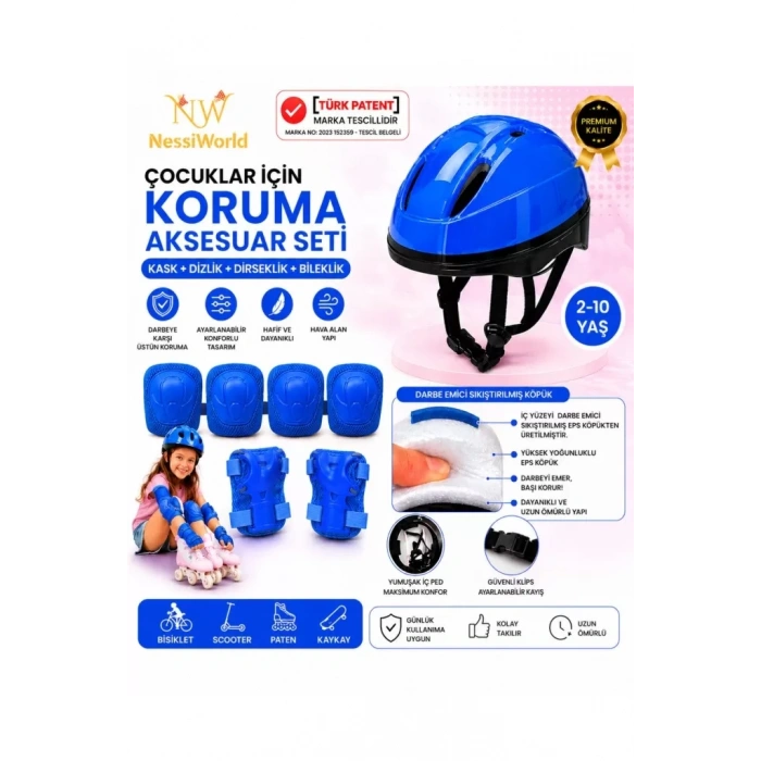 Üreticiniz Bisiklet Kaykay Paten Çocuk Kaskı Ve Dizlik Set Mavi/mavi