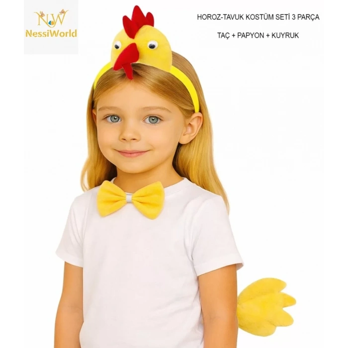 Üreticiniz Çocuk Horoz Tavuk Kostüm Seti 3 Parça (taç + Papyon + Kuyruk)