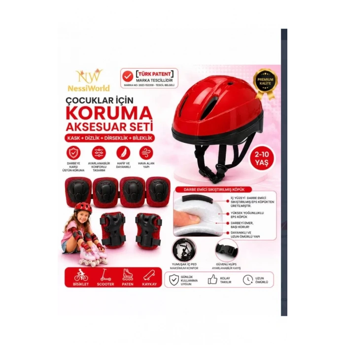 Üreticiniz Çocuk Kaskı Ve Dizlik, Dirseklik Eldiven Set Kırmız/kırmızısiyah