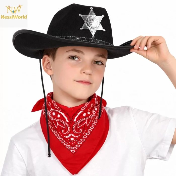 Üreticiniz Çocuk Kovboy Şapka Rozetli Siyah & Kırmızı Bandana Seti