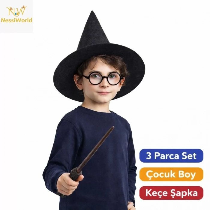Üreticiniz Çocuk Seti (siyah Keçe Şapka, Asa, Gözlük)