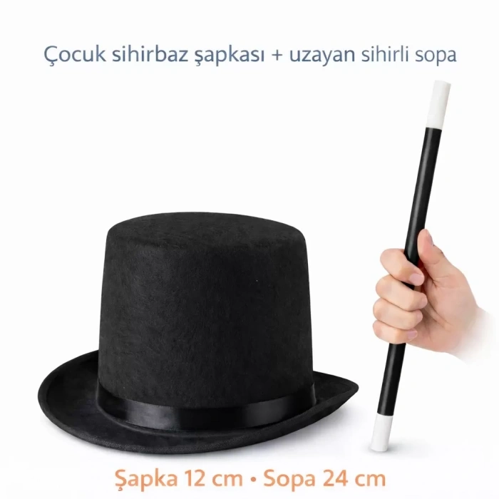 Üreticiniz Çocuk Sihirbaz Şapkası Ve Uzayan Yaylı Sihirli Sopa Seti