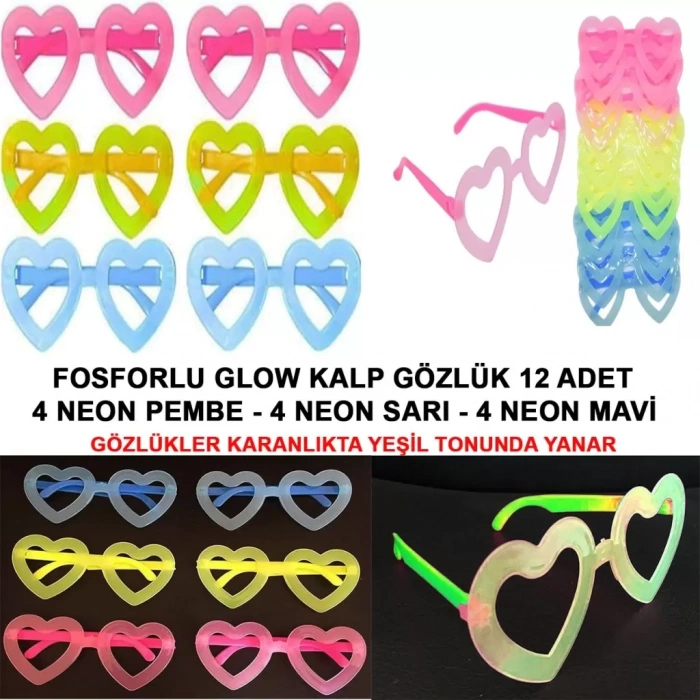 Üreticiniz Fosforlu Kalp Gözlük 12 Adet – 80’ler 90’lar Parti Stili