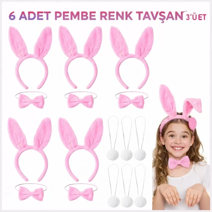 Üreticiniz Full Pembe Renk Tavşan Sahne Seti 6'lı Set Taç Papyon Kuyruk