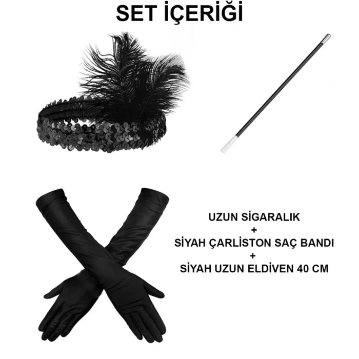 Üreticiniz Gatsby Aksesuar Seti – Siyah Charleston Saç Bandı, Uzun Eldiven & Sigaralık