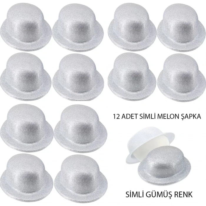Üreticiniz Gümüş Renk Simli Melon Yuvarlak Parti Şapkası 12 Adet