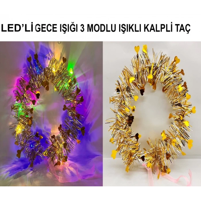 Üreticiniz Kalp Püsküllü Gece Parıltısı 3 Modlu Led Li Işıklı Taç Altın Renk