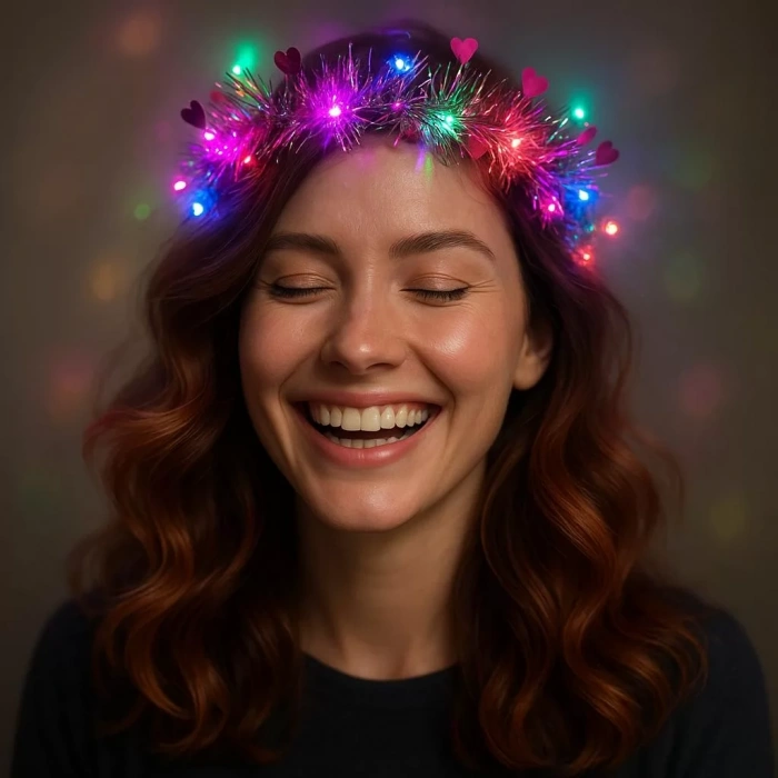 Üreticiniz Kalp Püsküllü Gece Parıltısı 3 Modlu Led Li Işıklı Taç Fuşya Renk