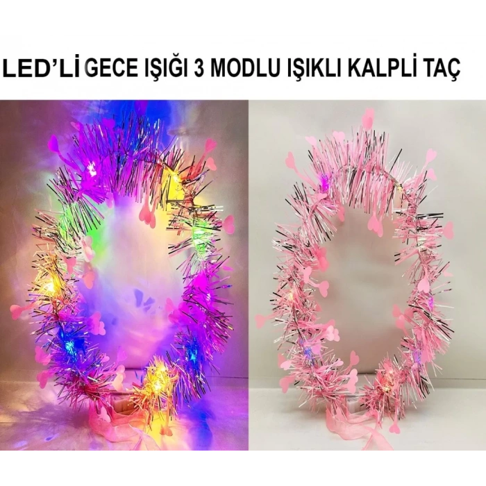 Üreticiniz Kalp Püsküllü Gece Parıltısı 3 Modlu Led Li Işıklı Taç Pembe Renk