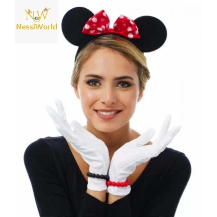 Üreticiniz Kırmızı Fiyonklu Minnie Mouse Tacı Ve Beyaz Eldiven Seti
