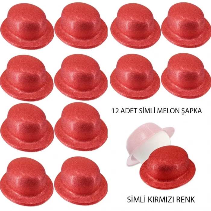 Üreticiniz Kırmızı Renk Simli Melon Yuvarlak Parti Şapkası 12 Adet