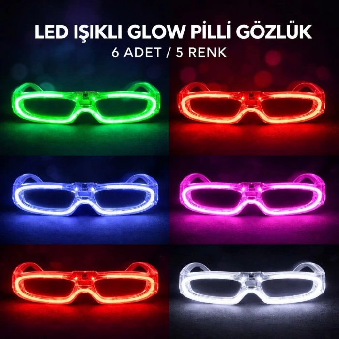 Üreticiniz Led Işıklı Glow Pilli Parti Gözlüğü - Efektli 6 Adet 5 Renk