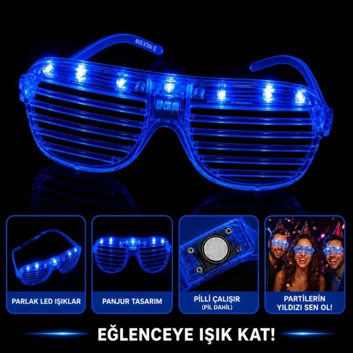 Üreticiniz Led Işıklı Panjur Parti Gözlüğü Mavi Renk Gözlük