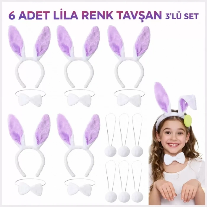 Üreticiniz Lila Tavşan Sahne Seti 6'lı Set Taç Papyon Kuyruk