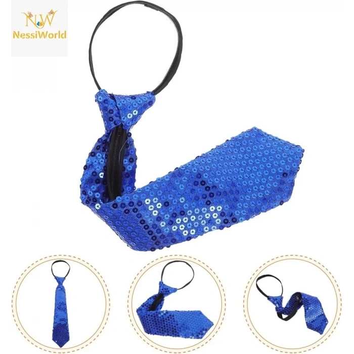 Üreticiniz Mavi Pul Payetli Işıltılı Parti Kravatı 33 Cm