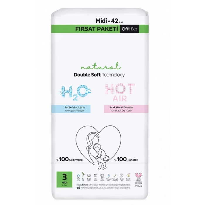 Üreticiniz Natural Double Soft Bebek Bezi Fırsat Paketi 3 Beden 42 Adet