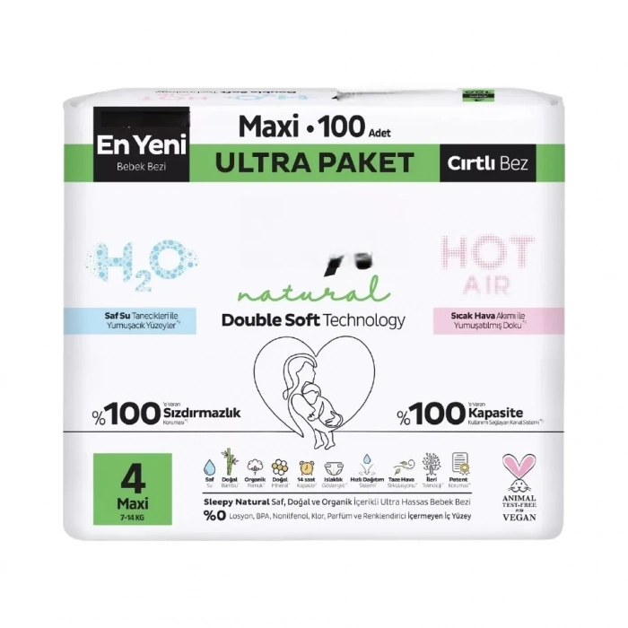 Üreticiniz Natural Double Soft Bebek Bezi Ultra Paket 4 Beden 100 Adet