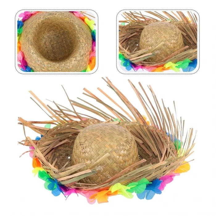 Üreticiniz Naturel Renk Püsküllü Örme Hasır Hawaii Luau Aloha Şapka 13x36 Cm