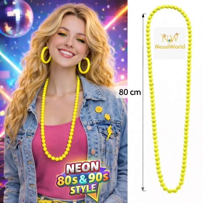 Üreticiniz Neon Sarı Boncuk Kolye 80 Cm – Retro 80’ler 90’lar Parti Aksesuarı
