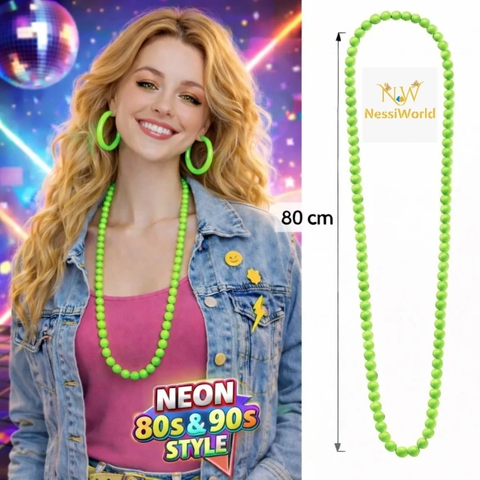 Üreticiniz Neon Yeşil Boncuk Kolye 80 Cm – Retro 80’ler 90’lar Parti Aksesuarı