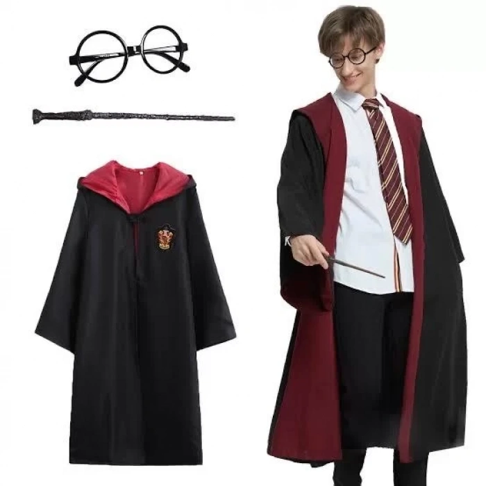 Üreticiniz Pttr Gryffindor Kapişonlu Çocuk Kostüm + Asa + Gözlük Seti 9-10 Yaş