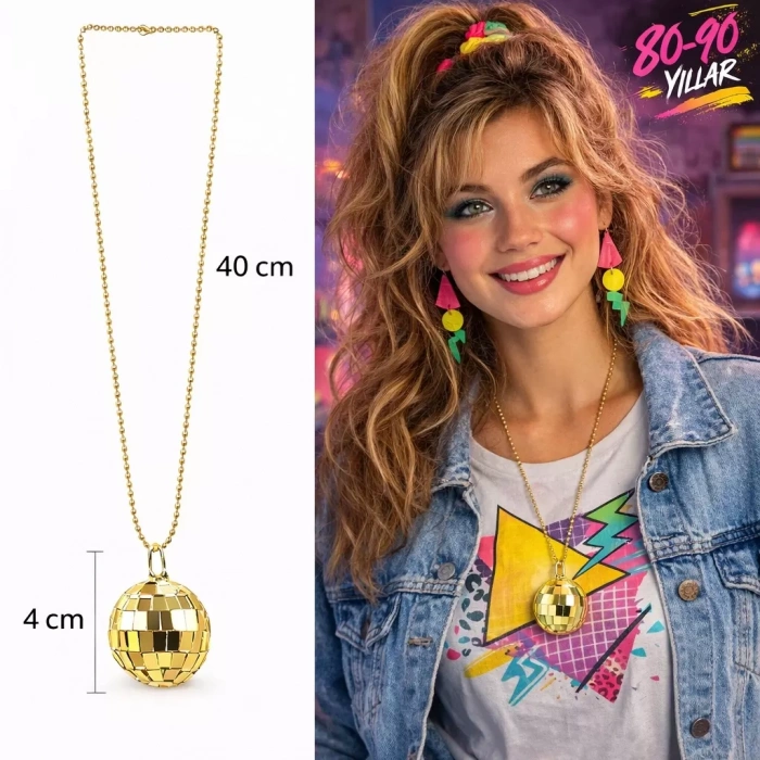 Üreticiniz Retro Disko Topu Şekilli 80'ler 90'lar Altın Renk Plastik Kolye