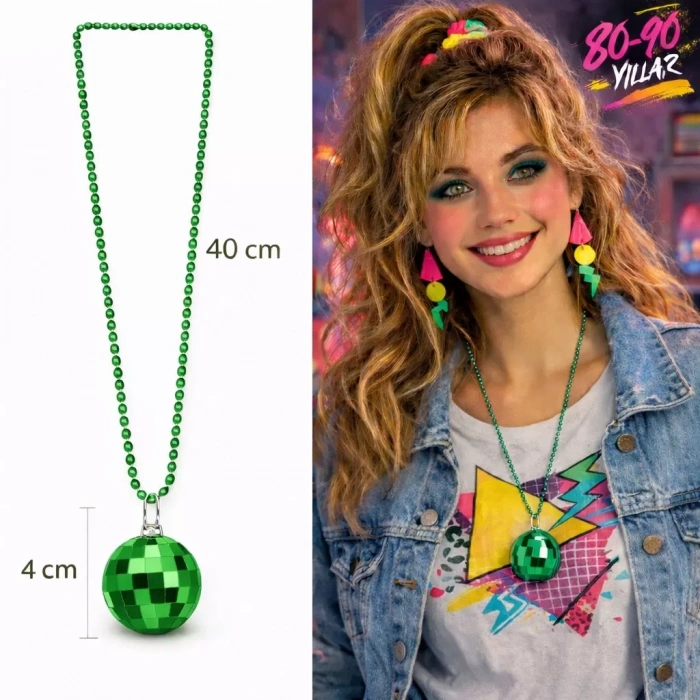 Üreticiniz Retro Disko Topu Şekilli 80'ler 90'lar Yeşil Renk Plastik Kolye
