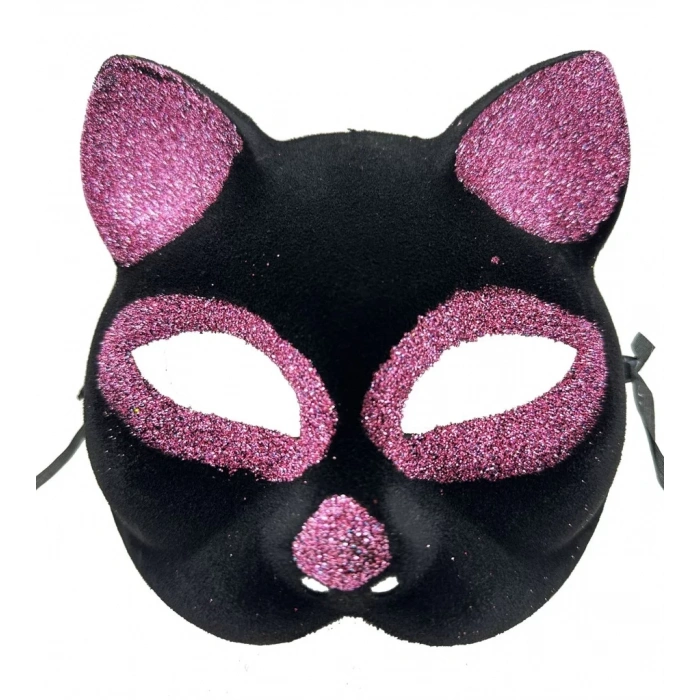 Üreticiniz Siyah Renk Pembe Simli Süet Kedi Maskesi 18x14 Cm