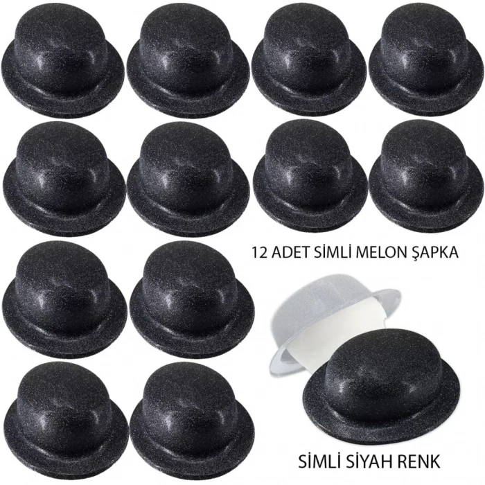 Üreticiniz Siyah Renk Simli Melon Yuvarlak Parti Şapkası 12 Adet