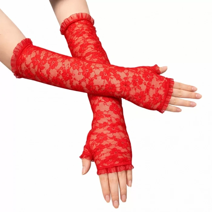 Üreticiniz Uzun Zarif Dantel Eldiven Parmaksız Kırmızı 35 Cm