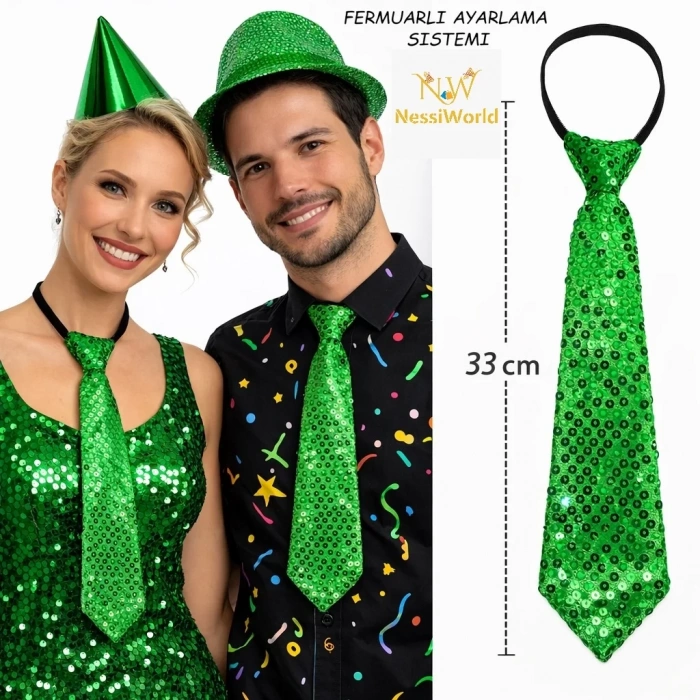 Üreticiniz Yeşil Renk Pul Payetli Işıltılı Parti Kravatı 33 Cm