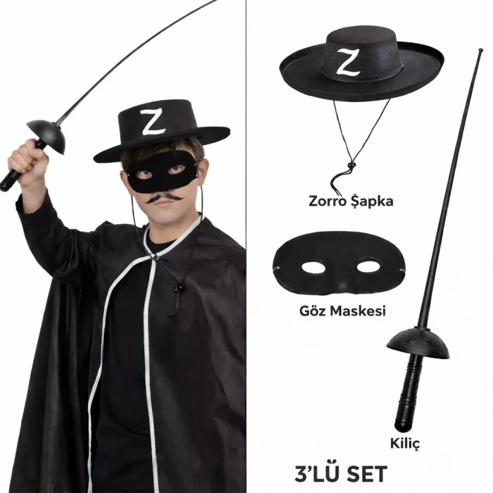 Üreticiniz Zorro Kostüm Seti 3’lü Çocuk – Şapka, Maske Ve Kılıç