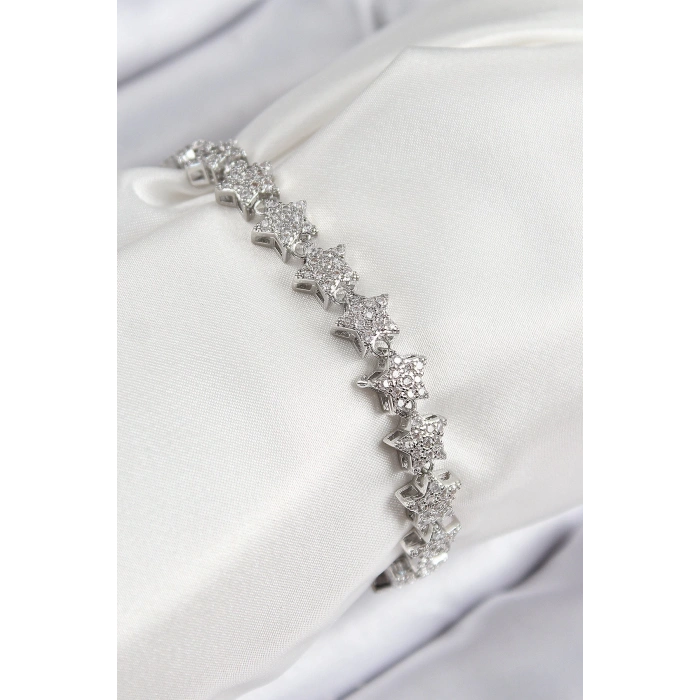 VIP Seri Pirinç Zirkon Taşlı Sıralı Yıldız Model Gümüş Renk Kadın Bileklik