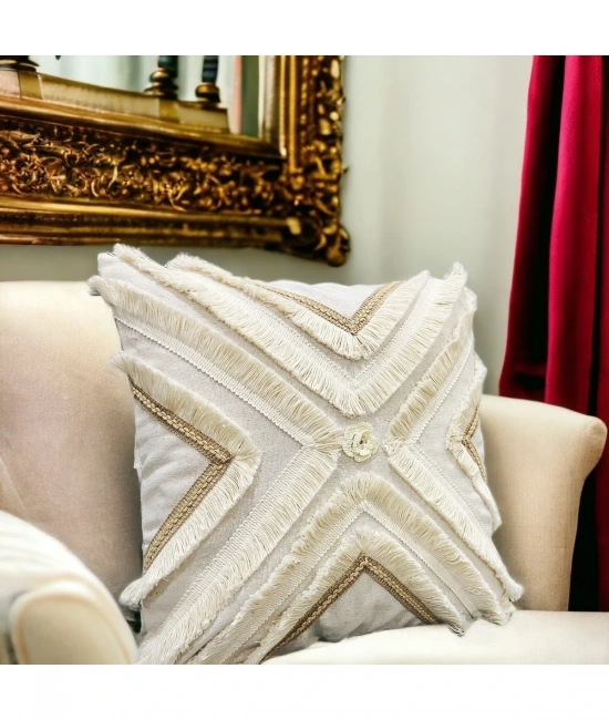 Özel Tasarım Çoklu Püsküllü Motifli Keten Krem Kırlent 2 Adet Kırlent Kılıfı (43 x 43)