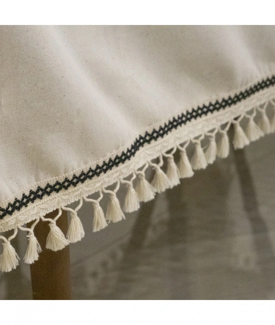 Organik Ham Keten Krem Siyah Şerit Detaylı Ponponlu Masa Örtüsü