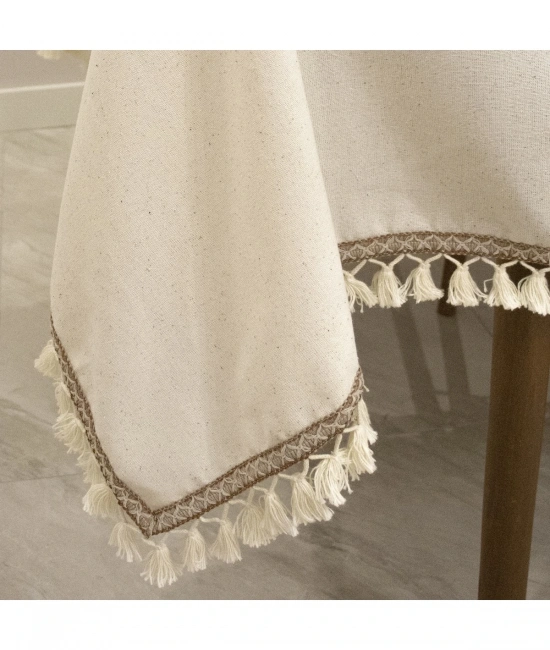Ham Keten Organik Krem Kahverengi Şeritli Ponponlu Masa Örtüsü