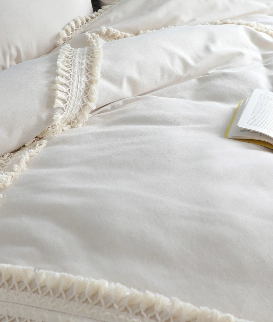 Ham Keten Baklava Desen Ponponlu Çift Kişilik Nevresim Takımı