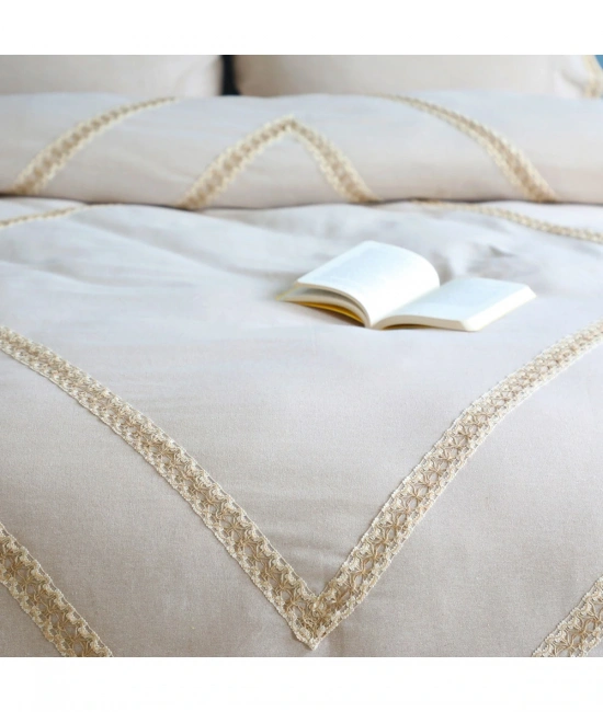 Tek Kişilik Ham Keten Nevresim Seti Jüt Dantelli Ponponlu Kahverengi Şerit Detaylı