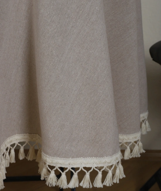 Bej Ham Ponponlu YUVARLAK Masa Örtüsü